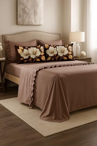 Masterhouse Completo Letto Matrimoniale Marrone Cioccolato in Cotone 250x290 Made in Italy con Lenzuolo Sotto 180x200, Volant e 4 Federe (2 Cotone + 2 Microfibra Stampa Floreale) – Anallergico