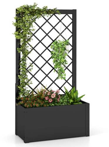 COSTWAY Jardinière avec Treillis en Métal pour Plante Grimpante, Bac à Fleurs Profond, Lit de Jardin Surélevé Résistance aux Intempéries pour Patio Jardin Balcon 63 x 31 x 112 cm, Noir