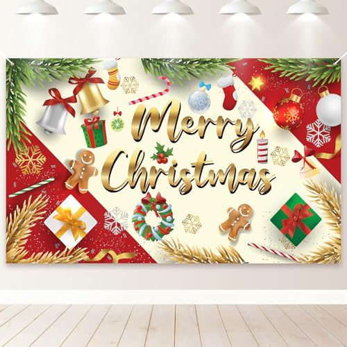 PartyYaa Weihnachten Banner Deko, Weihnachten Party Verzierung, Extra Großer Hintergrund für Fotoautomaten, Weihnachtsglöckchen & Strümpfe Hintergrund Banner für Drinnen und Draußen (Rot)