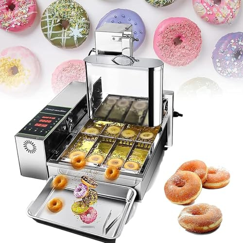 MObyat Automatic Donut Machine, 4-row Commercial Donut Fryer with Smart Control Panel, Hopper Capacity 5.5 Liters, Temperature Adjustment Range 50~220°, Output 1800 Donuts Per Hour, for Food