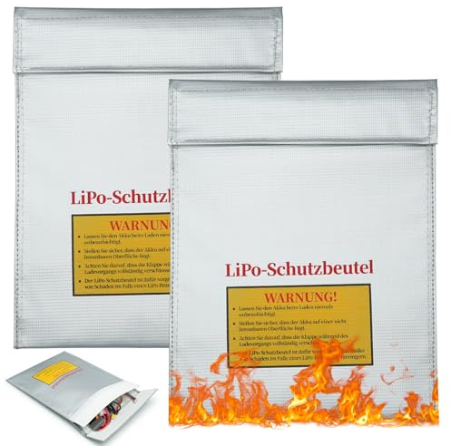 LiPo Bag 2 Stück, Akku Sicherheitstasche 18 x 22,5 cm | Für LiPo-Akkus, Batterien, RC-Zubehör, Laden, Transport & Aufbewahrung, mit deutscher Warnbeschriftung