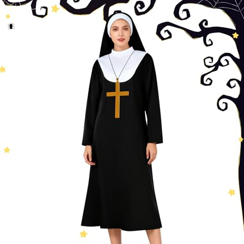 Xijobido Nonnenkostüm Damen,Kreuz Anhänger Halskette Kopfschmuck Outfit | Cosplay Nonnen Kopfbedeckung Set,Für Halloween Cosplay Rollenspiel Bühnenaufführung Schulveranstaltung Frauen Erwachsene