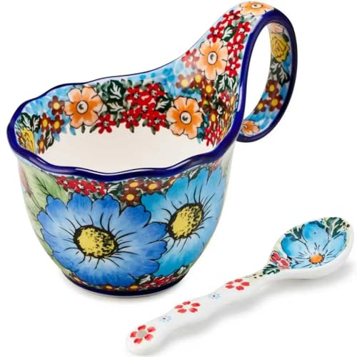 Cteaffee Keramik-Suppentasse und Suppenschüssel mit Griffen – 530 ml Fassungsvermögen, inklusive Löffel, handbemalte, ideal für Suppen, Eiscreme, Eintöpfe und Snacks, mikrowellen (Blaue Sonnenblume)