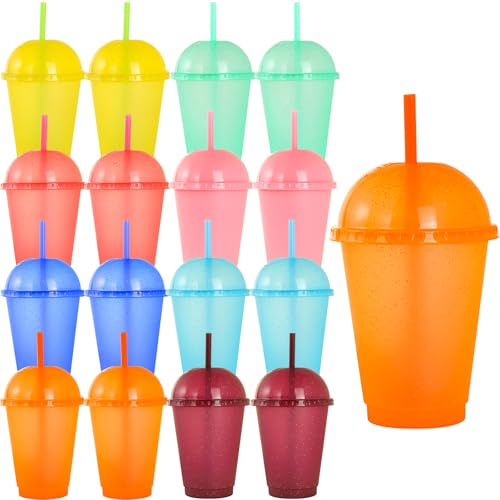 16 Pcs Tumblers with Lids & Straws, Smoothie Cup, Party Water Cup Set | 16oz/475ml Colour Changing Cups 8 Colors, Iced Coffee Mug, Reusable and Reusable Plastic Cups for Parties, Picnics, Christmas