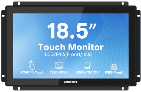 NORQIN 18,5 Monitor Touch Screen Industriale Incorporato IP65-1920×1080,Cornice Aperta,Touch Capacitivo a 10 Puntate,Display LCD,VESA,Porte HDMI/VGA/DVI/USB,per Automazione,Chiosco,CNC e HMI