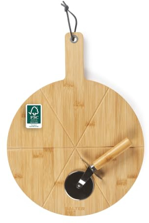 Salter Bamboo Pizza Board Set, 30 Cm Round, FSC®-Certified | Stainless Steel Pizza Cutter Included, Integrated Slice Grooves, Handle For Carrying, Reversible Board For Cutting Or Serving
