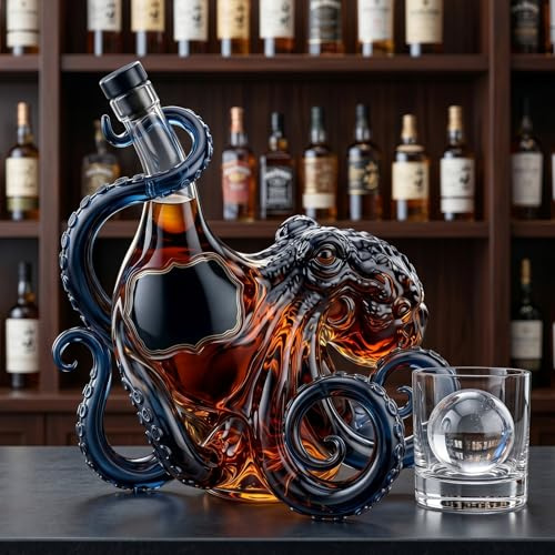 Botella decantadora de vidrio en forma de pulpo 3D artística de borsilicato de 350ml para whisky, vino, licores. Botella de vino de pulpo única, decoración náutica de bar, regalo coleccionable para