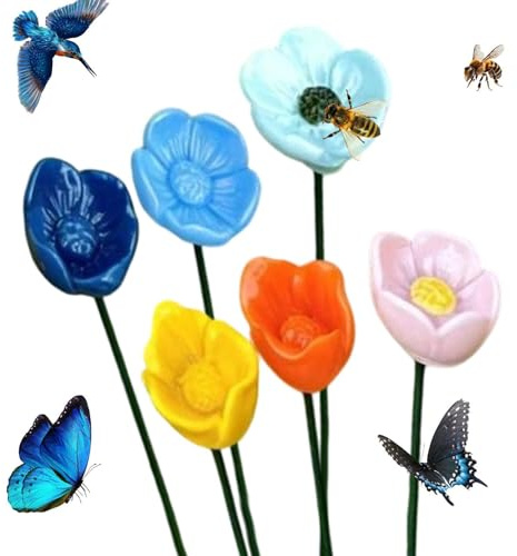 Tazas de agua para abejas 6 Piezas Bebedero Con Estaca | Baño Cerámico Colorido en Forma de Flor para Mariposas y Abejas de Jardín Jardín Patio Sendero Pájaros Colibríes