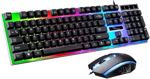 KGAIXN Tastiera Meccanica USB Retroilluminata LED da Gaming, Set Ergonomico con Mouse Cablato per Computer, Combina Mimetica con Base in Rame Onic per PC