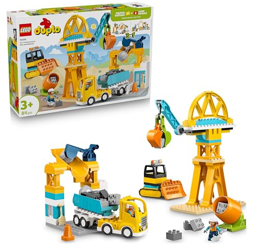 LEGO DUPLO Town 3 i 1 Byggarbetsplats och fordon – Byggset med byggarbetsplats, cementblandare, kran och tippbil, Pedagogiska leksaker för små barn, Stimulerar kritiskt tänkande – Från 3 år – 10476