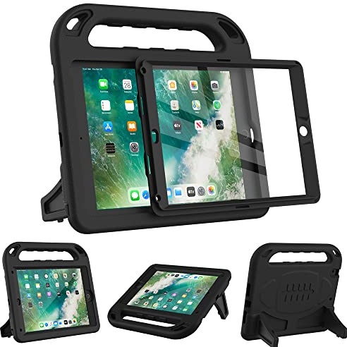 Surom Funda infantil para iPad 9.7 2018/2017 con protector de pantalla integrado, peso ligero, con soporte para niños para iPad 9.7 2017/2018, iPad Air/iPad Air 2/iPad Pro 9.7 – negro | Protector de pantalla integrado, funda ligera a prueba de golpes para niños, mango portátil, soporte estable