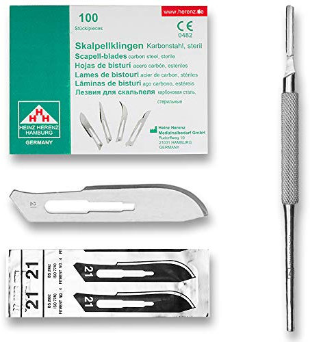Set avec 100 x lames de scalpel N° 21 - Lame stérile en acier au carbone et 1 x May - manche de scalpel Figure N° 4 avec manche rond en acier inoxydable