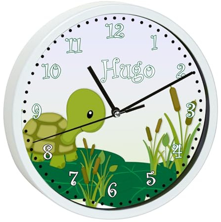 CreaDesign, Wanduhr Kinder personalisiert mit Name, Motiv Schildkröte, Rahmen Wanduhr weiß, Ø 19,5 cm