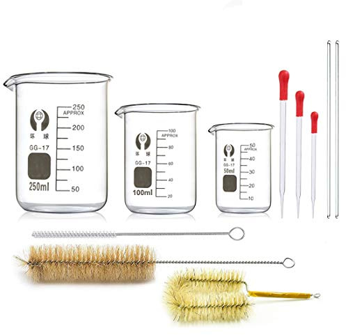Borosilikatglas bägare set, JESSTOLO 3 stycken tjockt glas, graderade bägarglas med klar pip 50 ml, 100 ml 250 ml, 3 glaspipetter, 3 tvättborstar och 2 glasstavar, för laboratorieforskning medicin