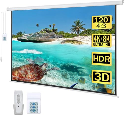 Kayle 120 Motorized Projector Screen Electric Diagonal Automatic Projection 4:3 HD Movies Screen for Home Theater Presentation Education Outdoor Indoor W/Remote Control and Wall/Ceiling Mount (White)