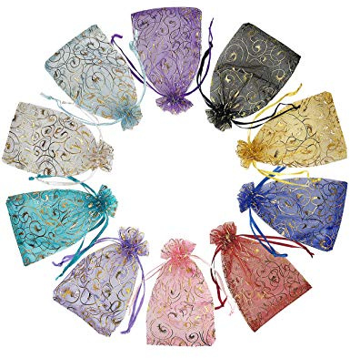 Jexila 100 Stück Regenbogen-Organza-Beutel, 10,2 x 15,2 cm, Kordelzug, Schmuck, Geschenktüten für Hochzeit, Party, Geschenkbeutel, Weihnachtsbeutel (Wimpern, Regenbogen)
