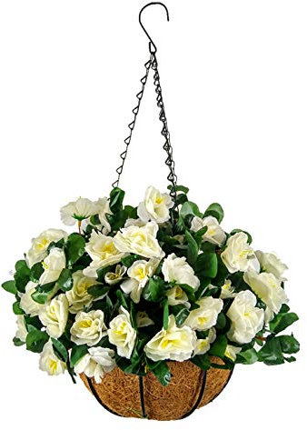 Hängekorb mit Kette und Blumentopf, künstliche Rhododendron-Seide, weiße Blumen, künstliche Blumen, Azaleen, für drinnen und draußen (kleiner Korb)