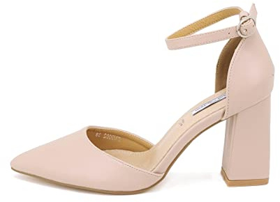 QUEEN HELENA Décolleté Scarpe con Tacco Medio Eleganti a Punta Chiusa con Cinturino Donna ZM9002 Nude 38