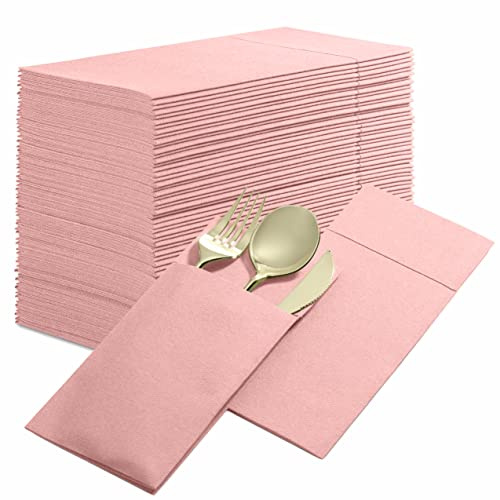 50-Pack Disposable Linen-Feel Dinner Napkins with Built-in Flatware Pocket, PINK Prefolded Cloth Like Paper Napkins For Valentines Day, Baby Shower, Dinner, Wedding Or Party [Silverware NOT Included]