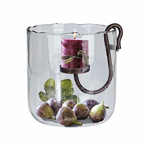 Loberon Windlicht Vermand - für Kerzen - aus Mundgeblasenem Glas - Herausnehmbarer Kerzenhalter aus Eisen in Antikbraun - 26cm x 25cm, klar/antikbraun
