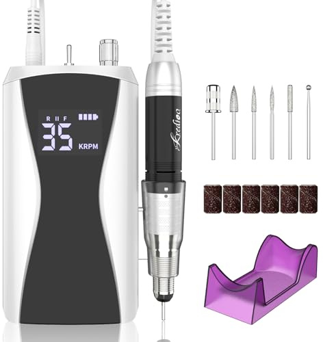 Kredioo Professional Electric Nail Files 35000RPM Portable Nail Drill for Gel Nail Acrylic Nails, Rechargeable E File Kit Manicure and Pedicure Set with Pause Button, 36W, Black