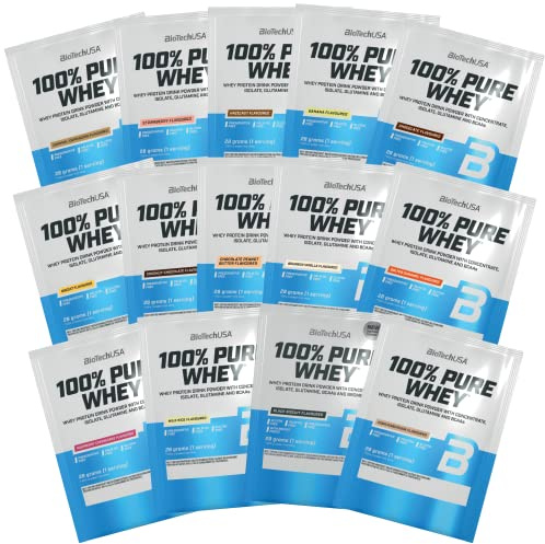 BioTechUSA 100% Pure Whey | Proteinpulver med BCAA och glutamin | Glutenfritt, palmoljefritt | 21g protein per portion, 14 * 28 g, Variety Pack | Med BCAA & L-glutamin | Bromelainenzymer | Låg sockerhalt | glutenfri, palmolja | 14 x 28 g, variety Pack