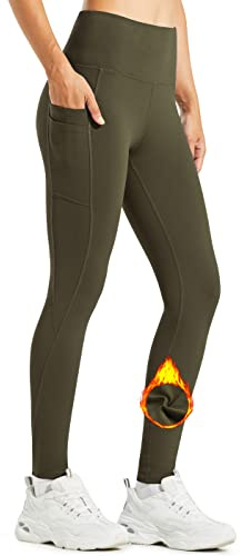 Libin Thermo Leggings Damen Winter Warm Thermoleggins Laufhose High Waist Wasserabweisend Thermohose Sportleggins Damen Lang mit Taschen, Armeegrün, M