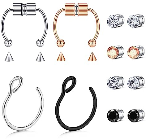 Kucheed 12 Piezas Anillo de Nariz Falso, Anillos de Tabique Falsos Magnéticos para Nariz,Anillos en la Nariz Aro Faux Nariz Piercing Pendientes Falsos,Tabique Nasal Magnético Cartílago Hélice Joyas