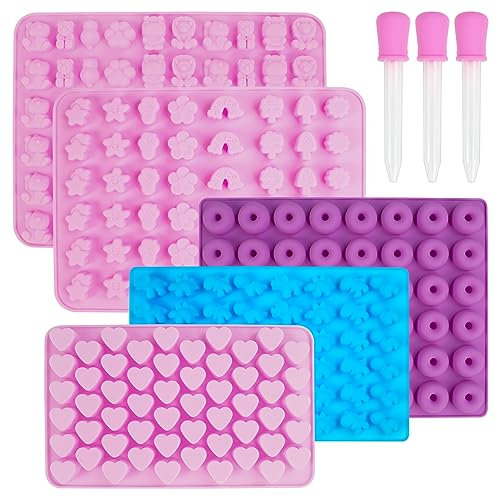 LIUCONGBD 5 Stück Mini-Silikon-Bonbonformen mit 3 Tropfeinsätzen, Antihaft-Gummibärchenformen Eiswürfelformen, Gelee-Schokoladenformen Dinosaurier, Herzen, Donuts, Tierformen und natürliche Objekte