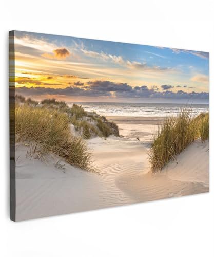 MuchoWow© Impression sur Toile Decoration Murale Peinture 120x80 cm Tableaux Decoratifs Muraux Déco Chambre Tableau Salon Plage - Dune - Herbe - Coucher de soleil - Mer