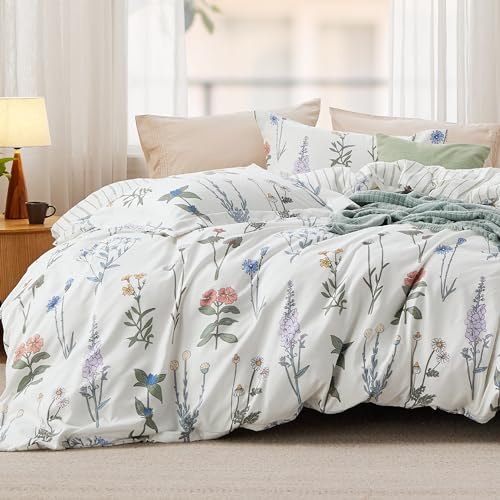 Bedsure Duvet Cover Queen Size - Reversible Cute Floral Duvet Cover Set with Zipper Closure, 3 Pieces White Bedding Set with 8 Corner Ties and 2 Pillow Shams 20x26