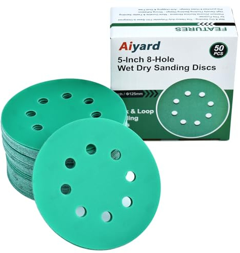 Aiyard 5-Inch 8-Hole Wet Dry Sanding Discs 600 Grit, Polyester Film Backed Heavy-Duty Hook and Loop Sandpaper for Random Orbital Sander, 50-Pack