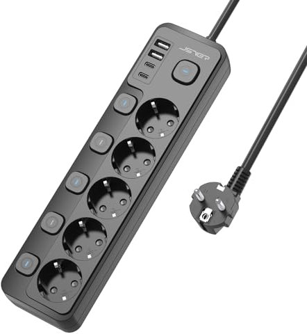 JSVER Ciabatta Elettrica 5 Prese Multipresa Elettrica con 2 USB A e 2 USB C, 9 in 1 Multipresa Scrivania (3680 W, 16 A) Prese con Interruttore, con Sicurezza Bambini, 2 m Cavo Nero