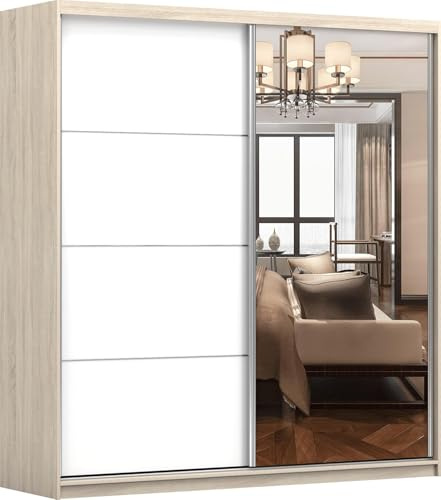 Fabryka Mebli Idźczak Kleiderschrank mit Spiegel, Schiebetüren - Weiß, Beige Schwebetürenschrank, Schlafzimmerschrank - ‎61 x 203 x 218 cm - Schrank für Schlafzimmer, Garderobe - Wohnzimmerschrank