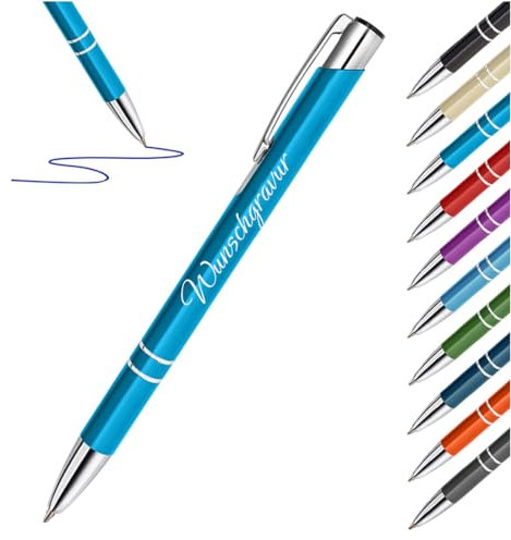 Metall Kugelschreiber ergonomisch mit Gravur - Kuli mit Wunschtext - Geschenk zum Geburtstag und Jubiläum - für Schule, Uni und Firmen - Farbe Türkis