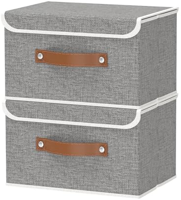 OUTBROS 2 Pack Aufbewahrungsbox mit Deckel, Stoffboxen 33x23x20cm, Grau | Faltbarer Aufbewahrungskorb, Ordnungsbox mit Griff, Schrank Organizer Kleiderschrank, für Kleidung