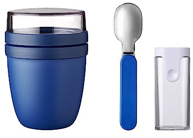 Mepal - Klapplöffel-Set mit Lunchpot Mini Ellipse - Praktischer Joghurtbecher & Müslibecher - Aufteilung für Joghurt & Müsli - Geeignet für Gefrierschrank, Mikrowelle & Spülmaschine - Vivid Blue
