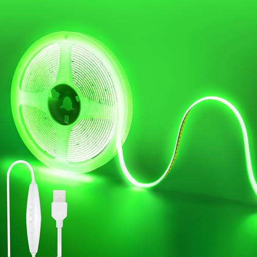 Clearhill 5V USB COB luces de tira led con interruptor dimmable, 9.84FT / 3M, verde, 320LEDs / M, ancho de 8mm, no impermeable IP20, cable de interruptor USB de 1.5M