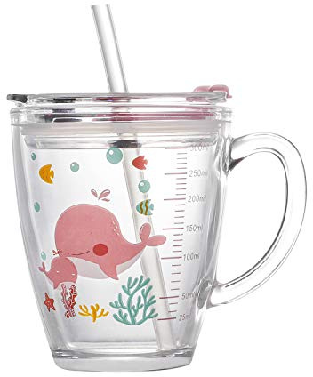 Haozaikeji Tasse d'apprentissage avec Paille Silicone pour Enfant - Tasse à Lait et Eau en Verre Transparent avec Poignée Double, Échelle et Couvercle Anti-Fuite