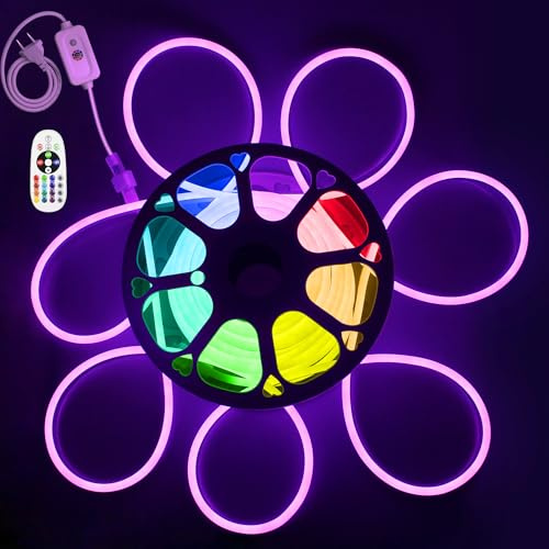 ALITOVE 20m Neon RGB LED Streifen 230V Direktanschluss Outdoor LED Strip | mit IR Fernbedienung, Lichtband Aussenbereich Wasserdicht, Ideal für Garten, Terrasse und Fassadendeko, Keine APP