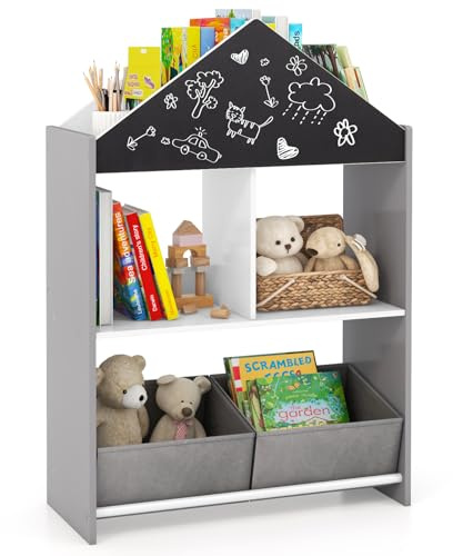 COSTWAY Bücherregal Kinder, Kinderregal mit Tafel & 2 Boxen & 6 Fächern, Kinderzimmer Regal, Aufbewahrungsregal Spielzeugregal für Spielzimmer, Schlafzimmer, 63 x 27 x 90 cm