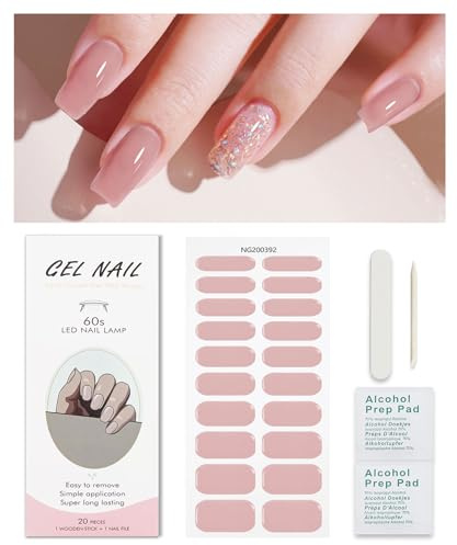 Solid Cream Pink Gel Nail Strips, KALEFUL Semi Cured Gel Nail Stickers Nail Art Decoration Design Supplies