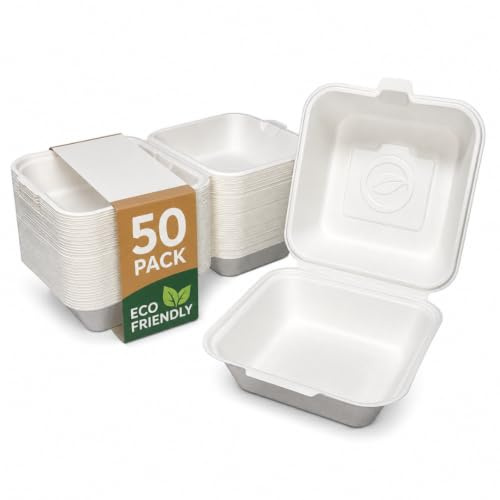 PBK Pack Of 50 Bagasse Burger Box (6x6 Inch), 450ml, Biodegradable, Compostable And Disposable Takeaway Food Containers (6 x 6 - 50 Pack)