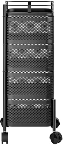 yulewiix Chariot de Rangement de Cuisine, Chariot Rotatif à 5 Couches sur roulettes, Panier de Rangement de Fruits, étagère en Fil métallique avec Couvercle supérieur pour Salon, Cuisine Noir 5
