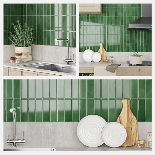 Yoillione Gruesos Azulejos Adhesivos Cocina: Azulejos Autoadhesivos para Cocina Baño - 3D Rectángulo Metro Baldosa de Pared (5 Piezas, Verde)