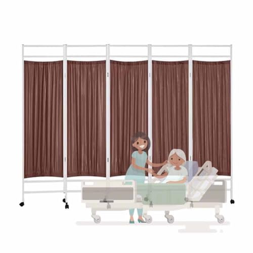 LXHELIVERY Folding Rolling Privacy Screen, Medical Privacy Screen On Wheels, 5 PanelFoldable Room Divider Temporary Fence For Clinic/Patient/Exam Room(Brown)