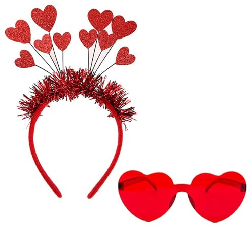 Yuannee Herz Stirnband,2 PCS Herz Haarreif mit Brille Set Glitzer Rot Haarbügel & Herzkönigin Accessoires für Damen Fasching Kostüm Valentinstag Karneval Hochzeit Haarschmuck