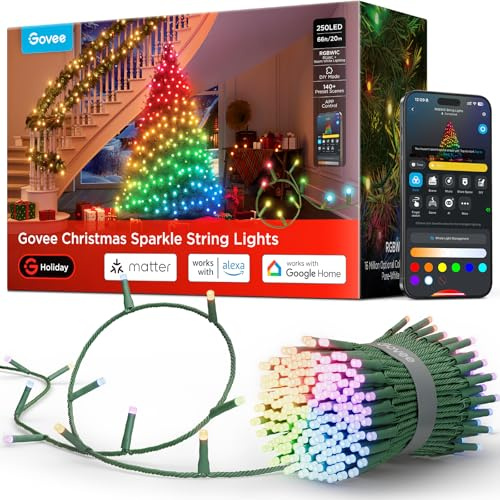 Govee Christmas Sparkle String Lights, Decorazioni Natalizie per Interni, Luci RGBWIC da 20M con 250 LEDs, Oltre 140 Modalità di Scena per Decorazioni Natalizie, Controllo APP Intelligente con Alexa