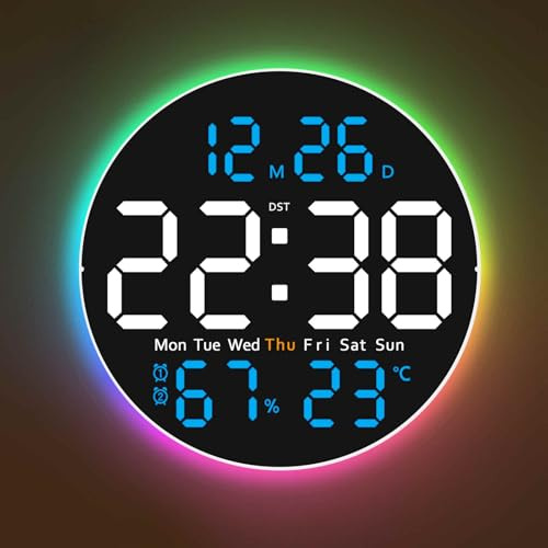 GLOKUUCA 10 Inch Large Digital Wall Clock with 9 Color Changing Remote Control, Date Week Temperature, Auto Brightness Dimmer Big Clock with Night Lights,Blue