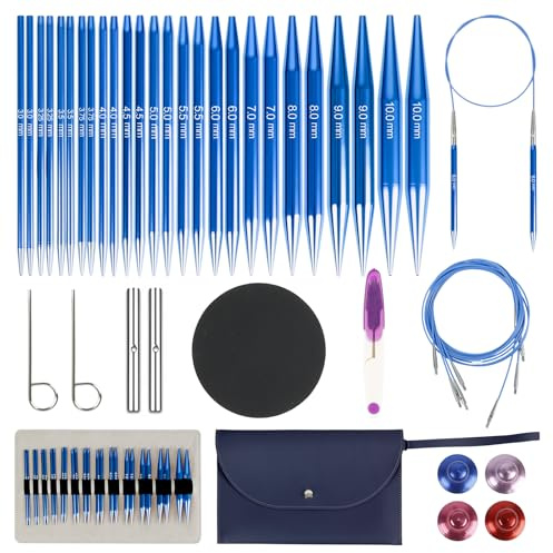 Rundstricknadeln Set Austauschbar, 13 Paar Rundstricknadeln mit Tasche und Zubehör, 13 Nadeldurchmesser 3–10 mm, 4 Längen Verstellbar 40–100 cm, Aluminium Häkelnadel Set (Blau)